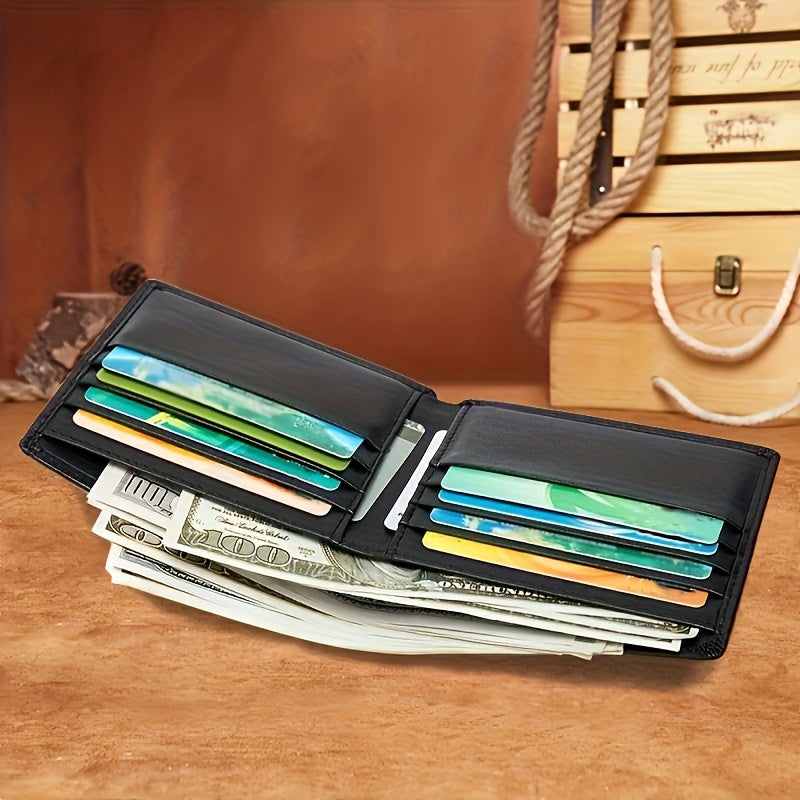 Carteira Simples de Couro Legítimo, Carteira Masculina de Dois Dissos com Porta-Cartões Múltiplos e Proteção RFID