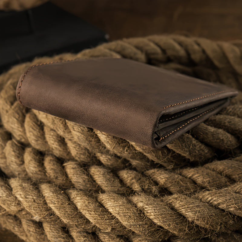 Carteira Masculina em Couro Crazy Horse Reparável, Carteira Masculina em Couro Crazy Horse de Alta Qualidade, Carteira de Negócios Horizontal Triplo Dobrável em Couro Genuíno, Carteira Casual Vintage em Couro